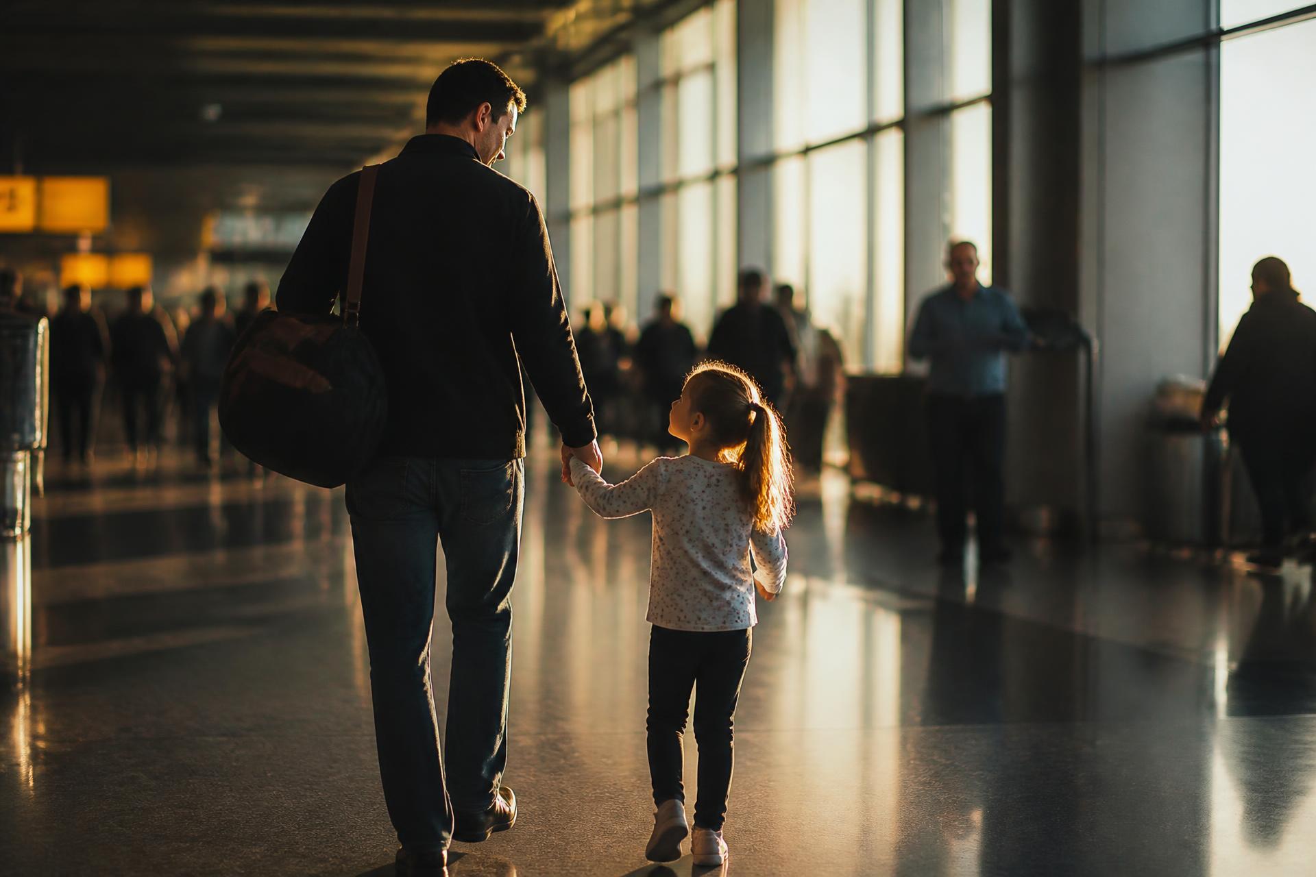 A father and his young daughter walking hand in hand through a sunlit airport terminal